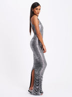 Abril Ruched Silver Glitter Backless Gown - HOUSE OF SHE