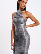 Abril Ruched Silver Glitter Backless Gown - HOUSE OF SHE