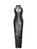 Abril Ruched Silver Glitter Backless Gown - HOUSE OF SHE