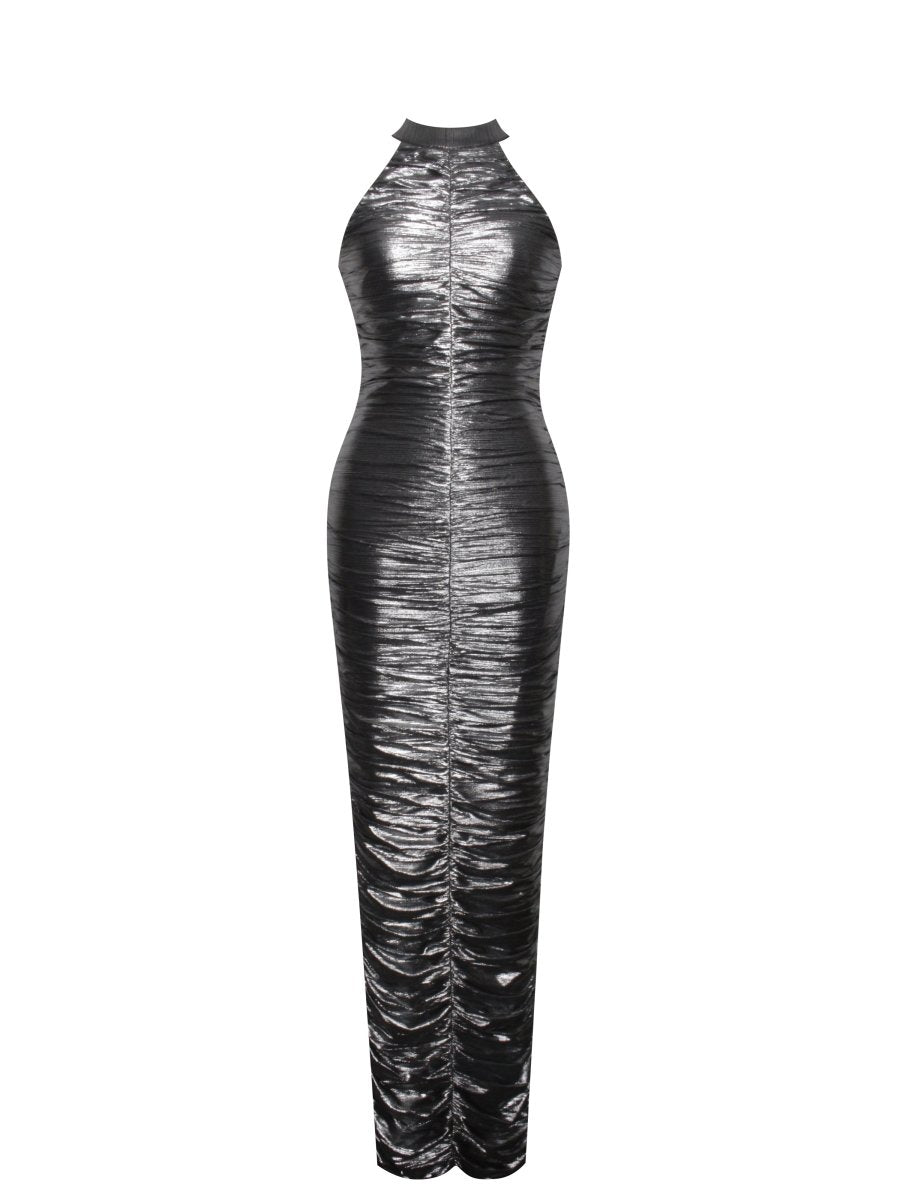 Abril Ruched Silver Glitter Backless Gown - HOUSE OF SHE