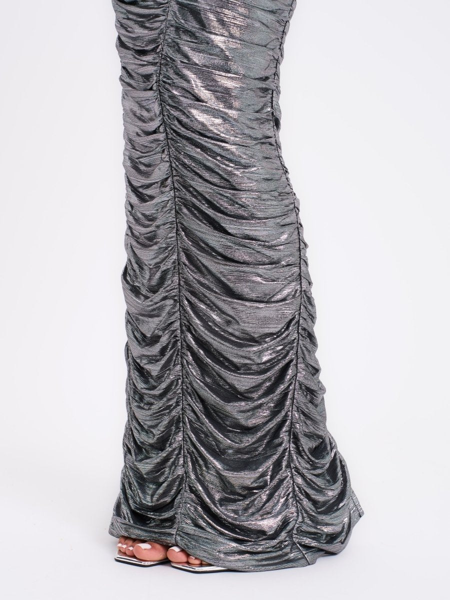 Abril Ruched Silver Glitter Backless Gown - HOUSE OF SHE