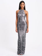 Abril Ruched Silver Glitter Backless Gown - HOUSE OF SHE