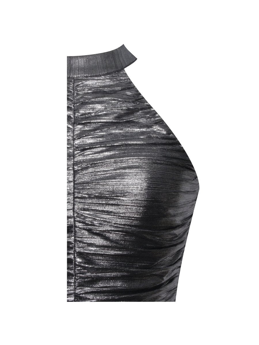 Abril Ruched Silver Glitter Backless Gown - HOUSE OF SHE