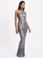 Abril Ruched Silver Glitter Backless Gown - HOUSE OF SHE