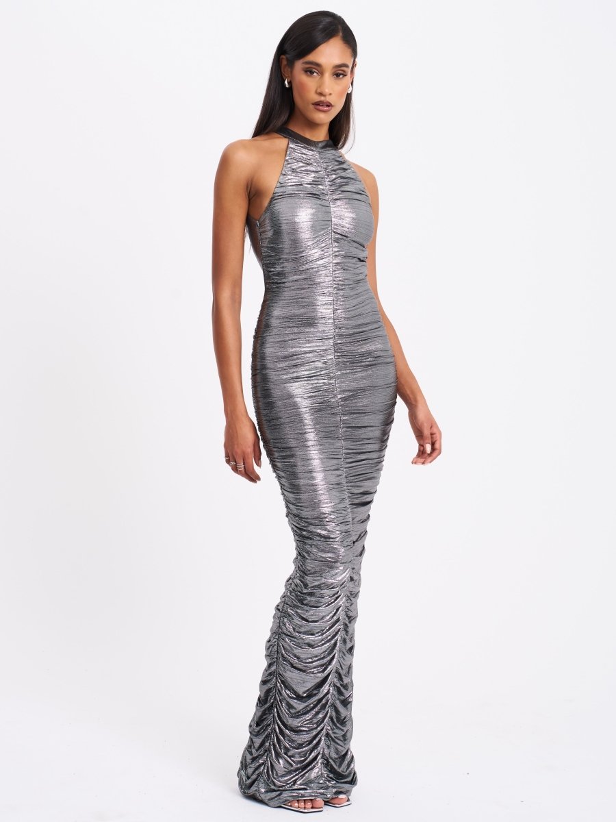 Abril Ruched Silver Glitter Backless Gown - HOUSE OF SHE