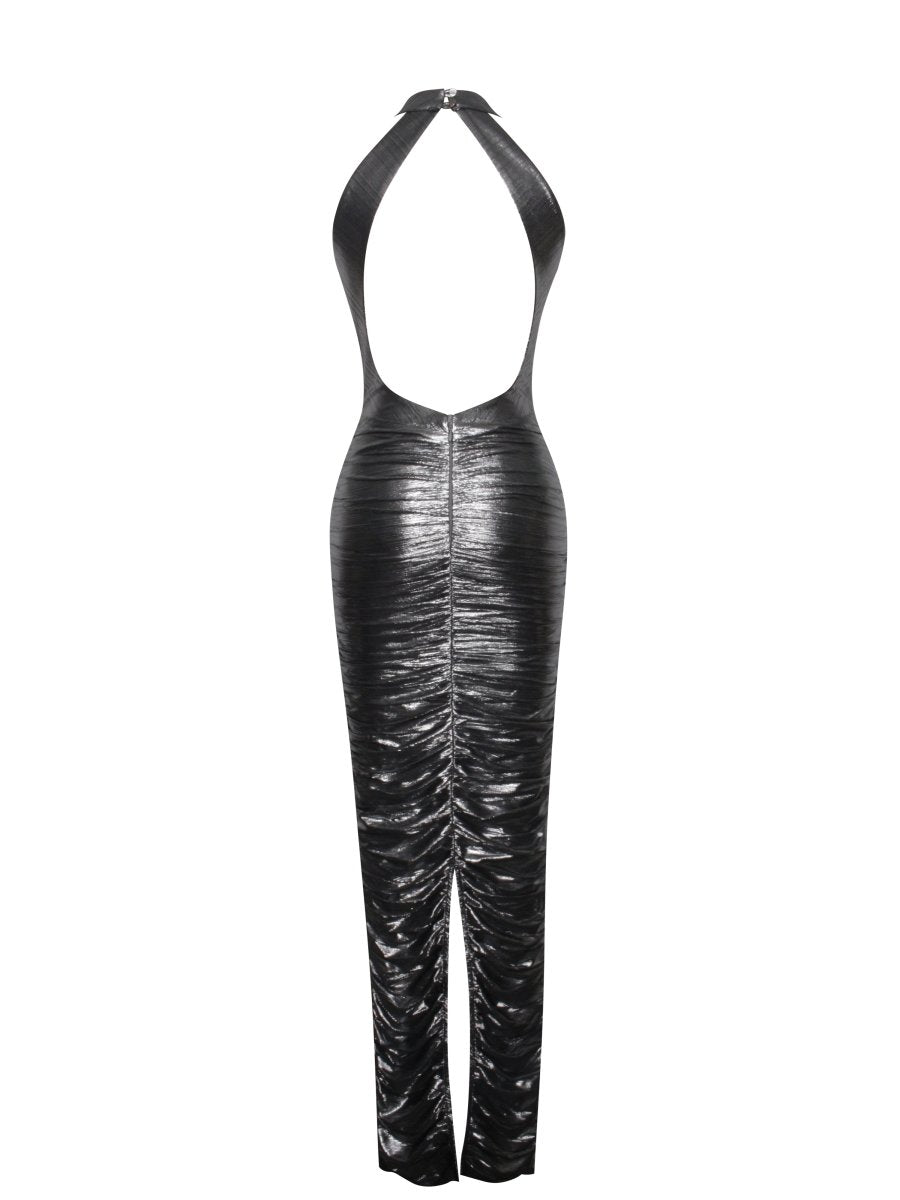 Abril Ruched Silver Glitter Backless Gown - HOUSE OF SHE