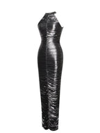 Abril Ruched Silver Glitter Backless Gown - HOUSE OF SHE