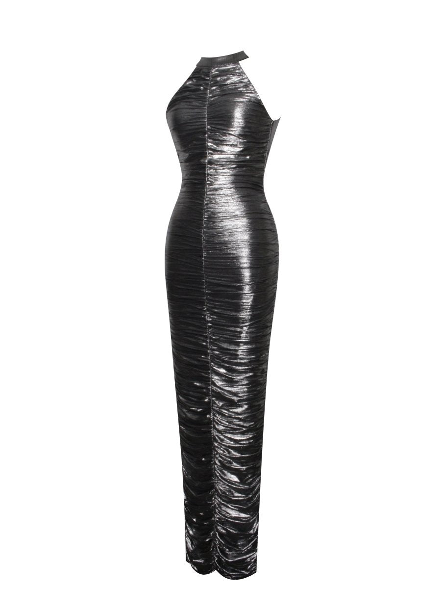 Abril Ruched Silver Glitter Backless Gown - HOUSE OF SHE