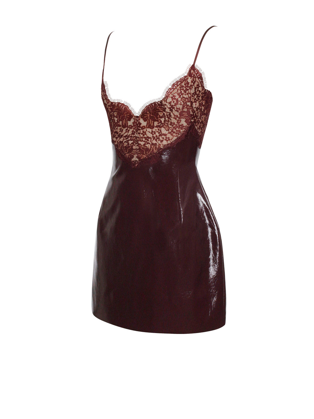 Shelby Dark Brown Vegan Leather with Lace Mini Dress  HOUSE OF SHE