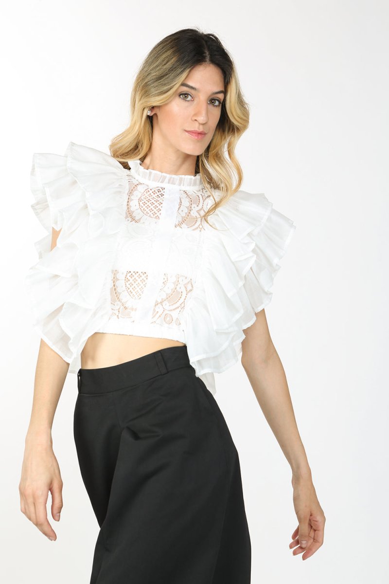 Adonis Ruffled Lace Crop Blouse - HOUSE OF SHE