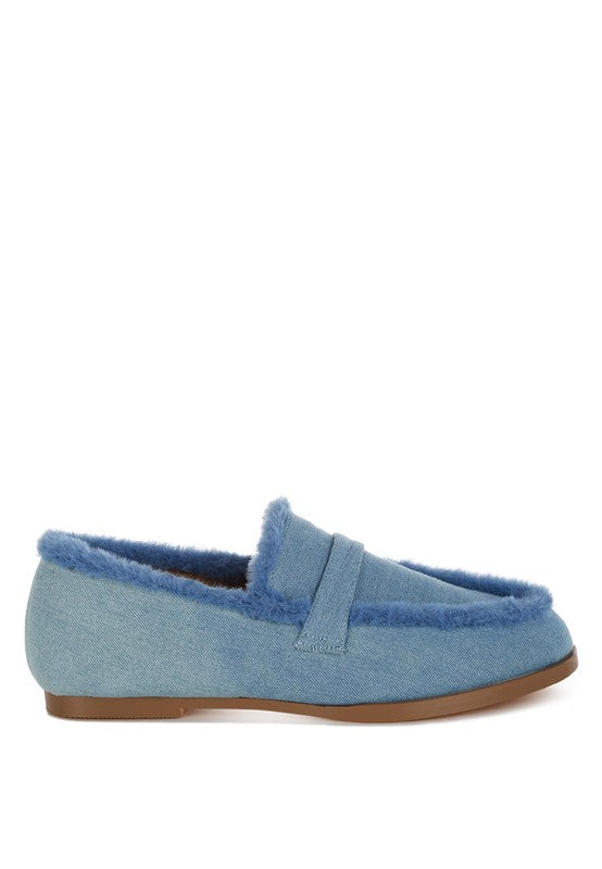 Nivena Fur Detail Denim Loafers  HOUSE OF SHE