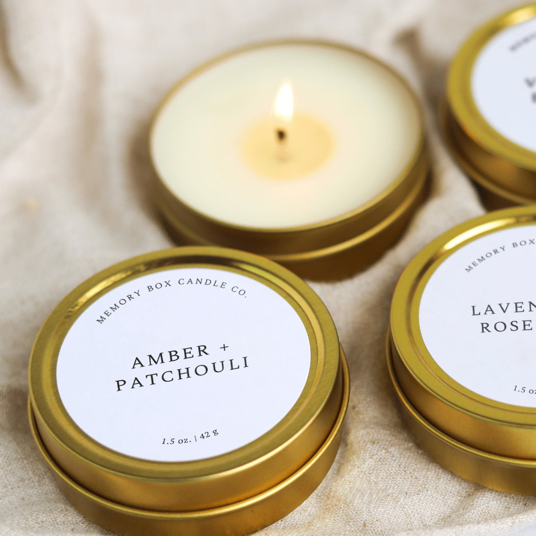 Amber + Patchouli - 1.5 oz. Gold Tin Soy Candle - HOUSE OF SHE