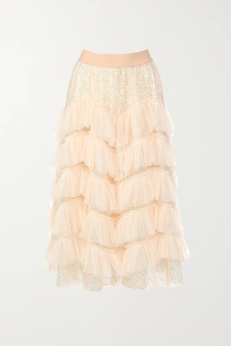 Ares Glitter Sequin Mesh Tiered Midi Skirt - HOUSE OF SHE
