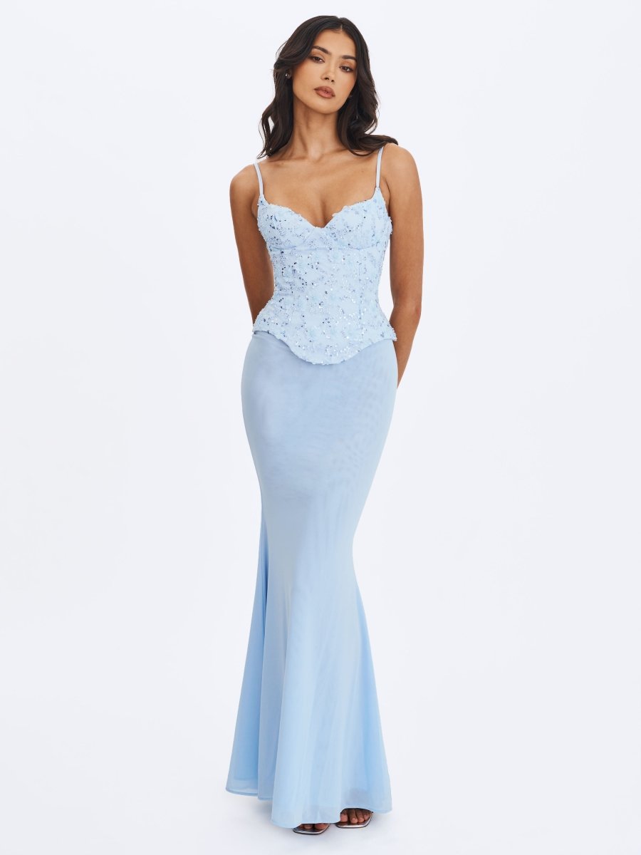 Aurielle Baby Blue Sweetheart Mermaid Peplum Maxi Dress - HOUSE OF SHE