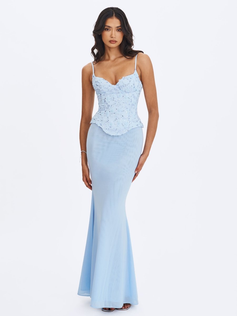 Aurielle Baby Blue Sweetheart Mermaid Peplum Maxi Dress - HOUSE OF SHE