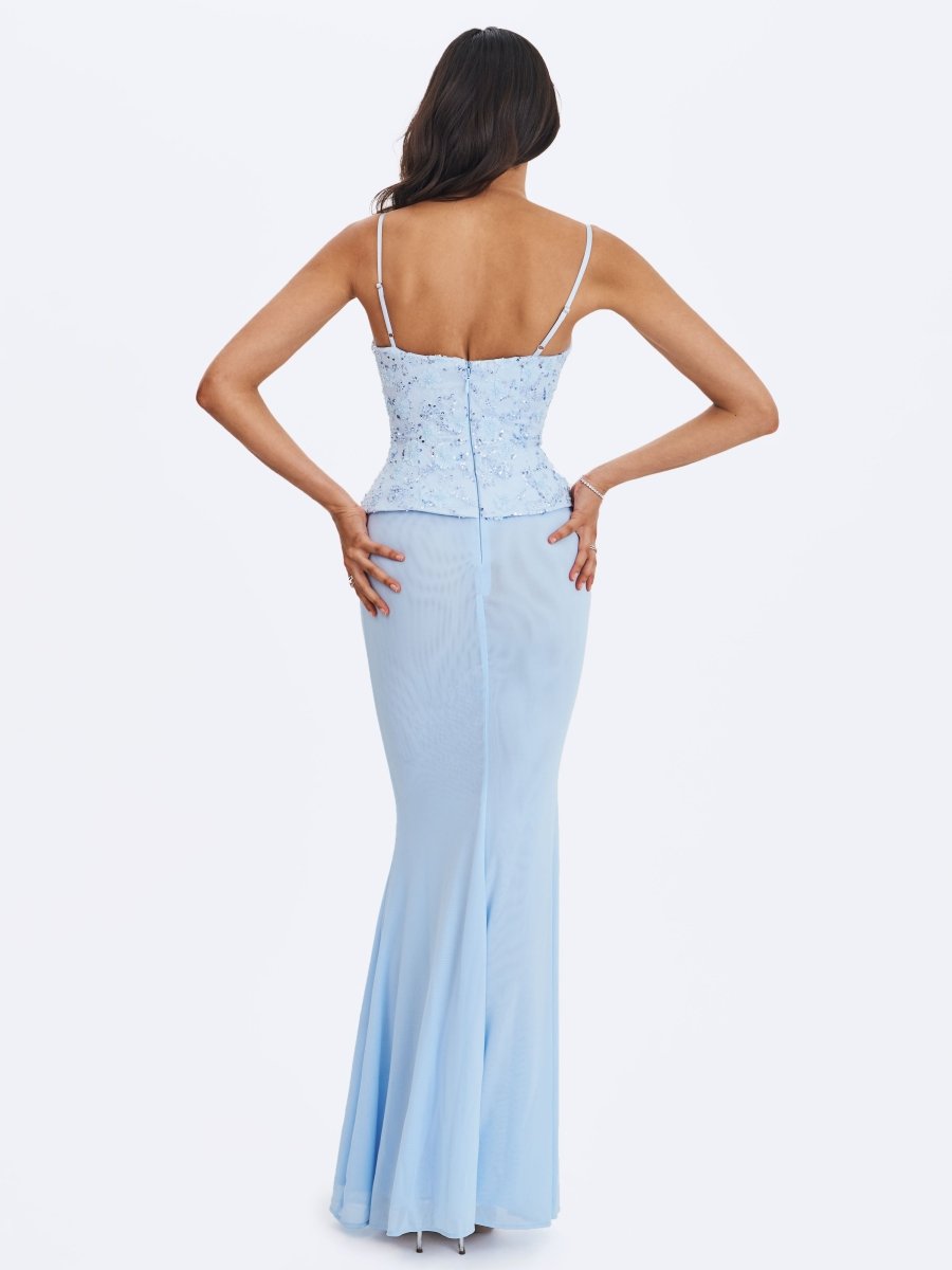 Aurielle Baby Blue Sweetheart Mermaid Peplum Maxi Dress - HOUSE OF SHE