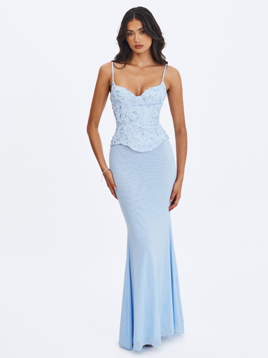 Aurielle Baby Blue Sweetheart Mermaid Peplum Maxi Dress - HOUSE OF SHE