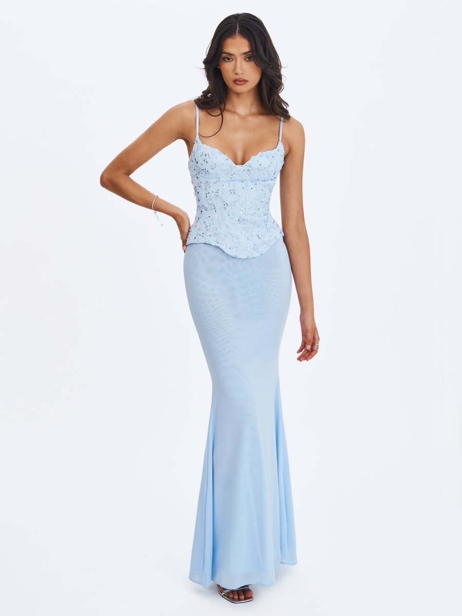 Aurielle Baby Blue Sweetheart Mermaid Peplum Maxi Dress - HOUSE OF SHE