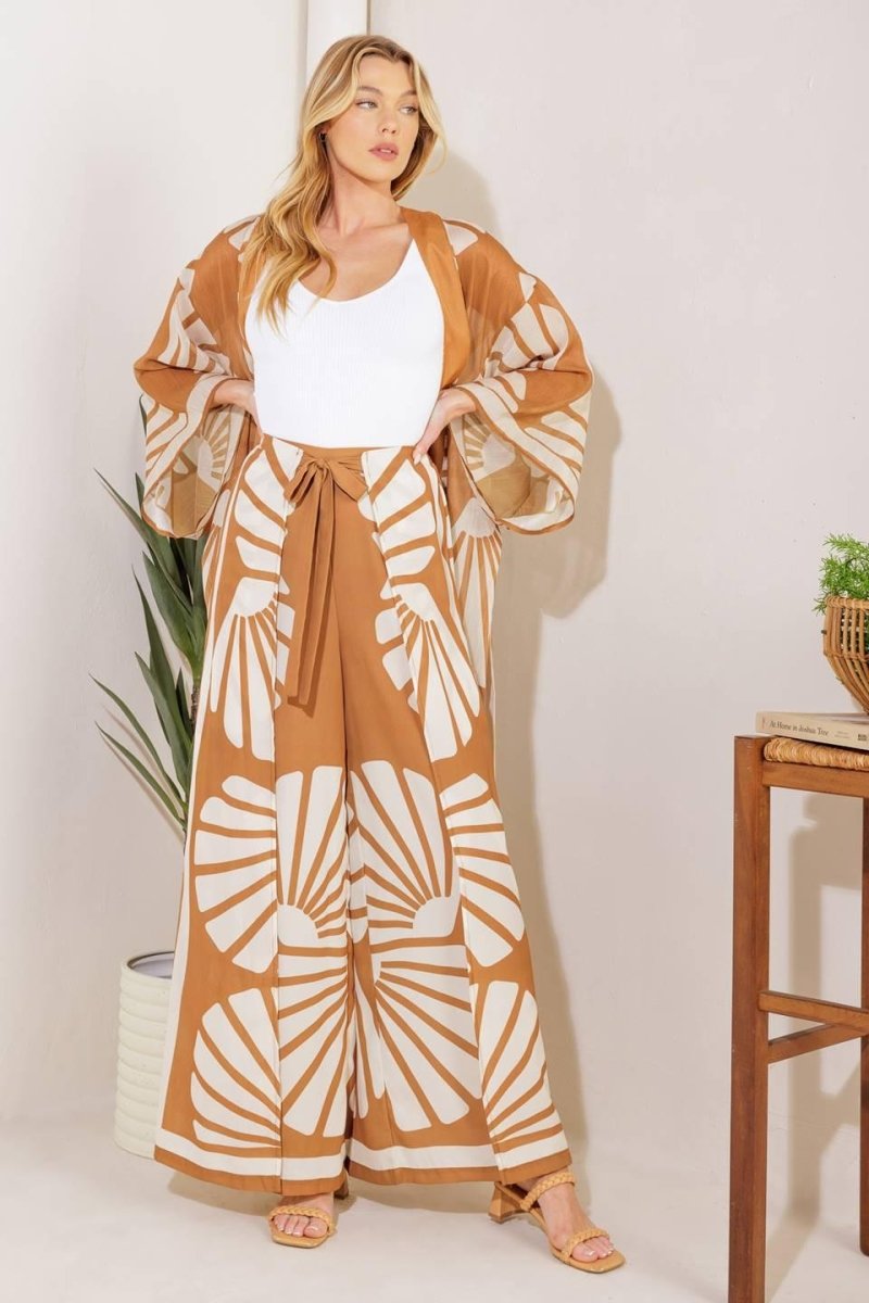 AWAITING LOVE WOVEN KIMONO COVER UP AND PANT SET - HOUSE OF SHE