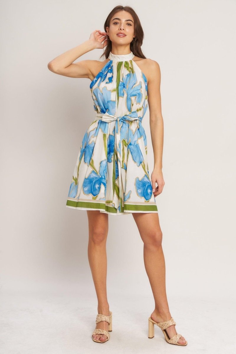 AZURE BLOOM HALTER WOVEN MINI DRESS - HOUSE OF SHE