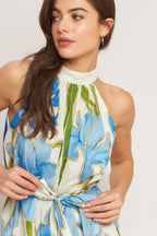 AZURE BLOOM HALTER WOVEN MINI DRESS - HOUSE OF SHE
