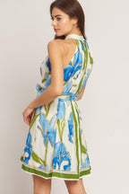 AZURE BLOOM HALTER WOVEN MINI DRESS - HOUSE OF SHE
