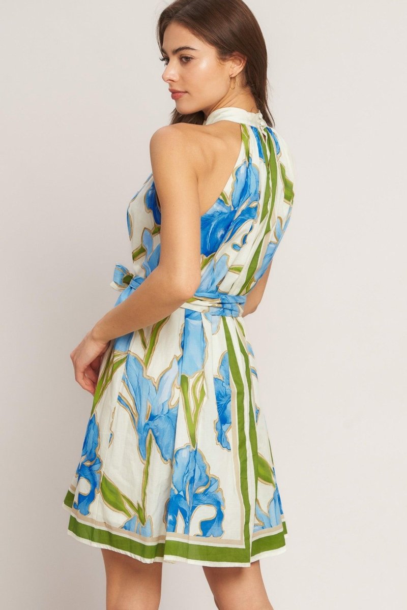 AZURE BLOOM HALTER WOVEN MINI DRESS - HOUSE OF SHE
