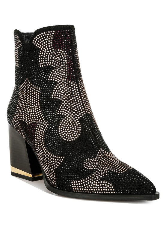 Zarka Rhinestones Embellished Block Heel Boots