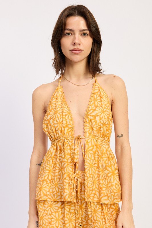 BACKLESS FRONT TIE HALTER TOP WITH LACE TRIM - HOUSE OF SHE