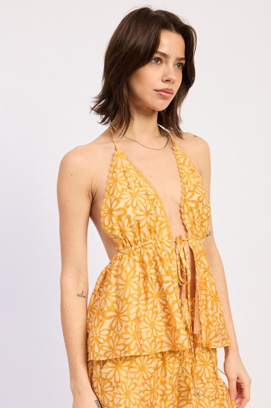BACKLESS FRONT TIE HALTER TOP WITH LACE TRIM - HOUSE OF SHE