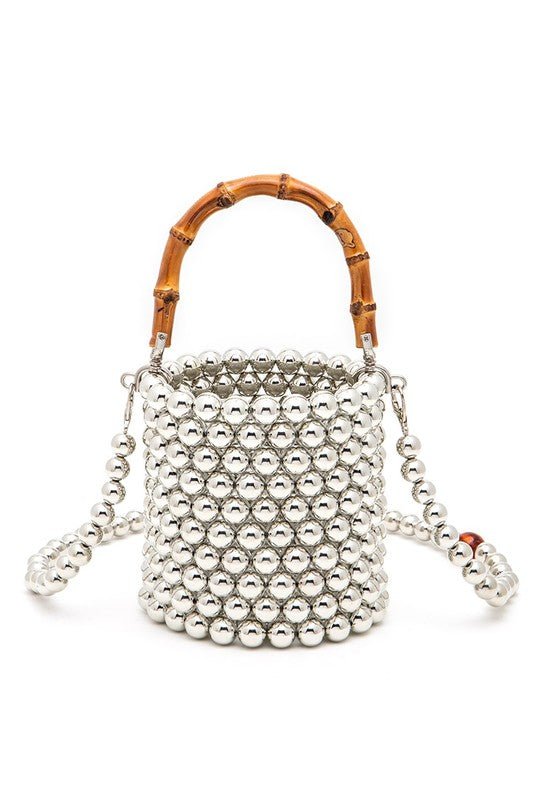 Bamboo Top Handle Beaded Bucket Clutch Bag - HOUSE OF SHE