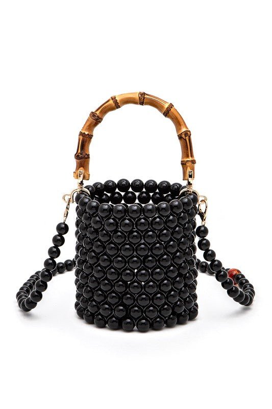 Bamboo Top Handle Beaded Bucket Clutch Bag - HOUSE OF SHE
