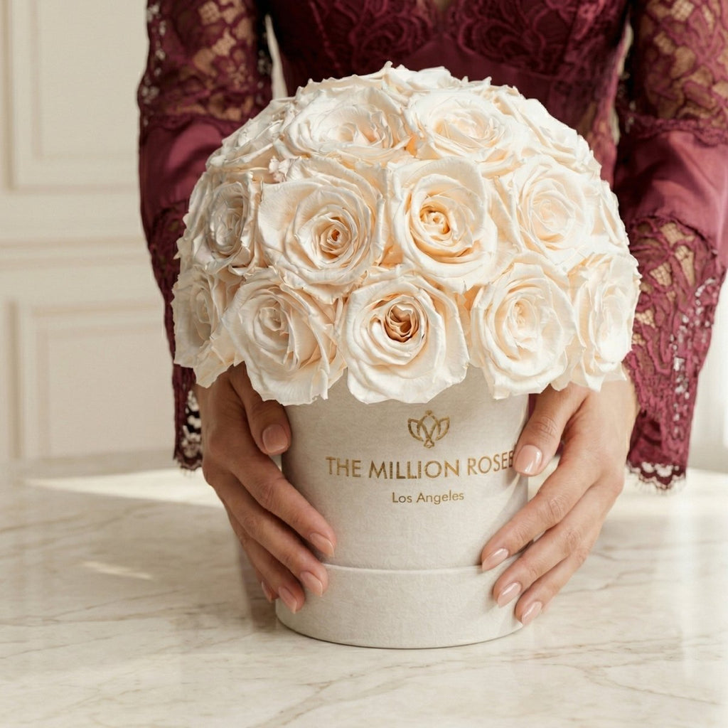 Basic Beige Suede Superdome Box | White Roses - HOUSE OF SHE