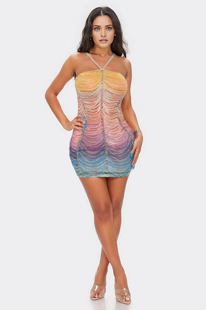 Rainbow Striped Rhinestone Bodycon Mini Dress