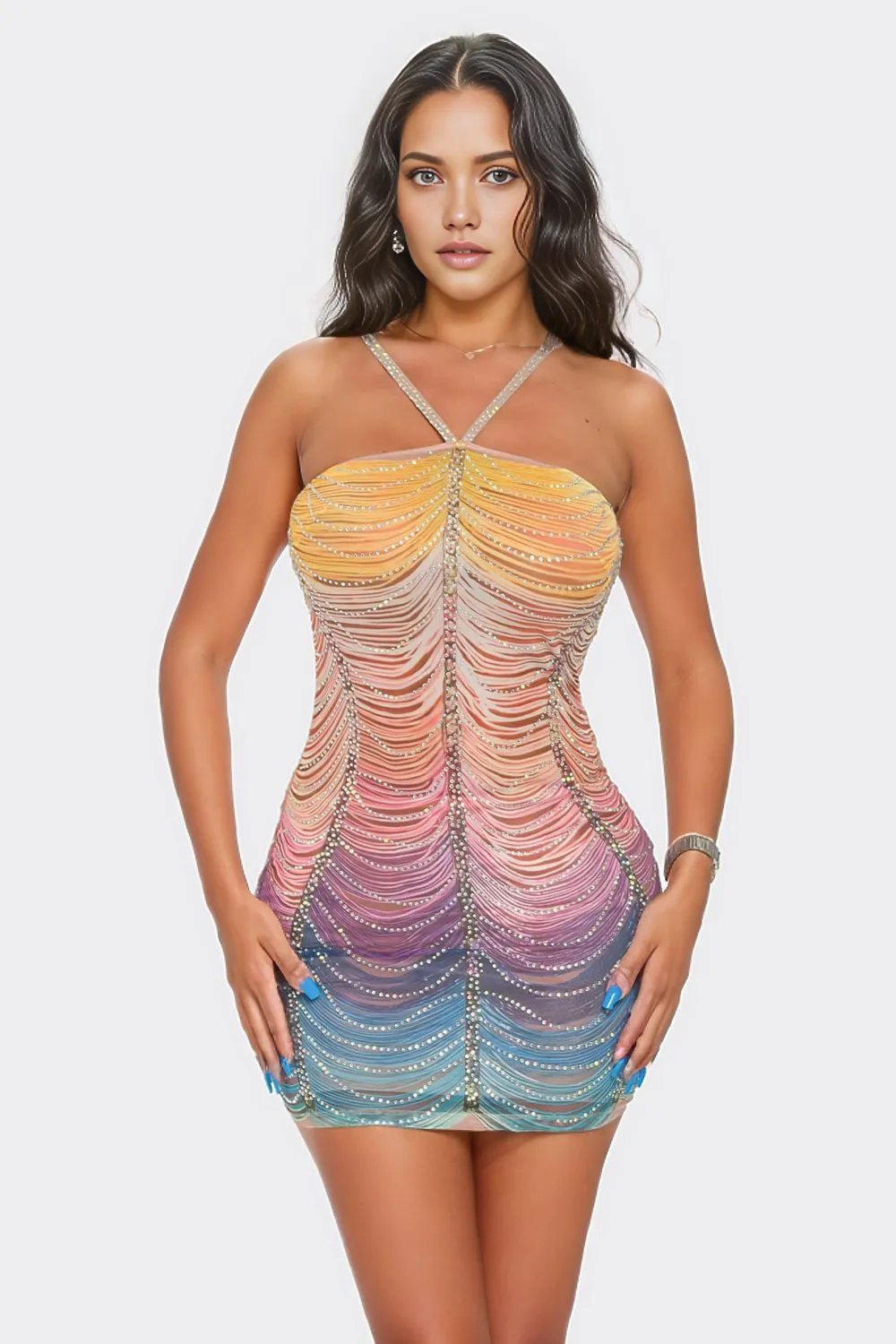 Rainbow Striped Rhinestone Bodycon Mini Dress