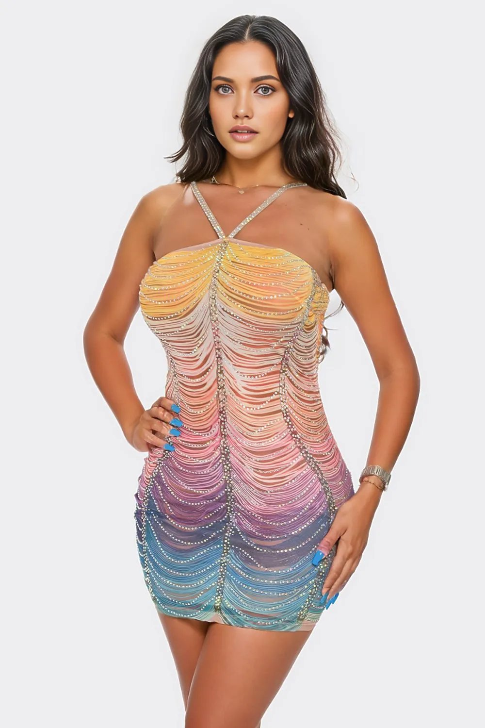 Rainbow Striped Rhinestone Bodycon Mini Dress