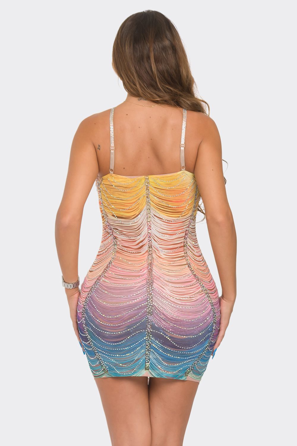 Rainbow Striped Rhinestone Bodycon Mini Dress