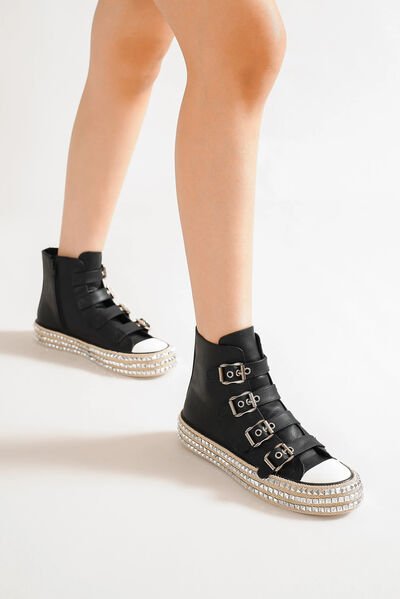 Beast Fashion Multi - Buckle Straps Studded Platform Sneakers - HOUSE OF SHE