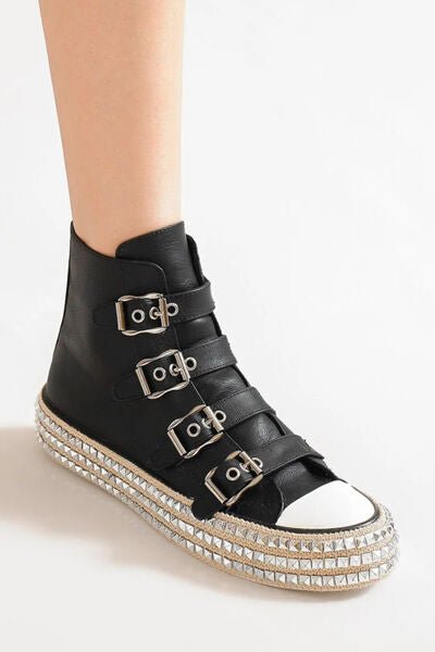 Beast Fashion Multi - Buckle Straps Studded Platform Sneakers - HOUSE OF SHE