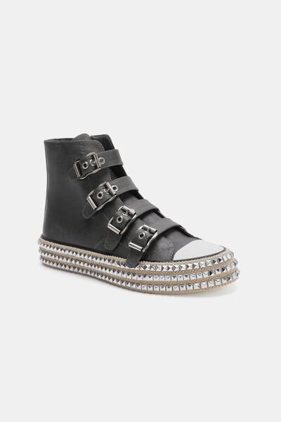 Beast Fashion Multi - Buckle Straps Studded Platform Sneakers - HOUSE OF SHE