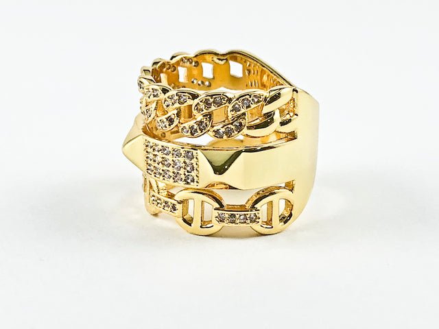 Beautiful Elegant Layered Belt & Chain Design Gold Tone Brass Ring - HOUSE OF SHE