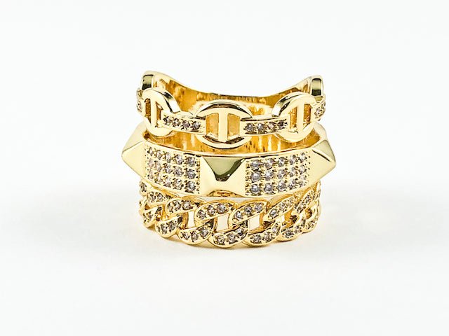 Beautiful Elegant Layered Belt & Chain Design Gold Tone Brass Ring - HOUSE OF SHE