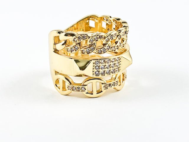 Beautiful Elegant Layered Belt & Chain Design Gold Tone Brass Ring - HOUSE OF SHE