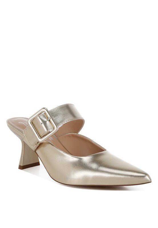Bismi Large Buckle Kitten Heel Mules - HOUSE OF SHE