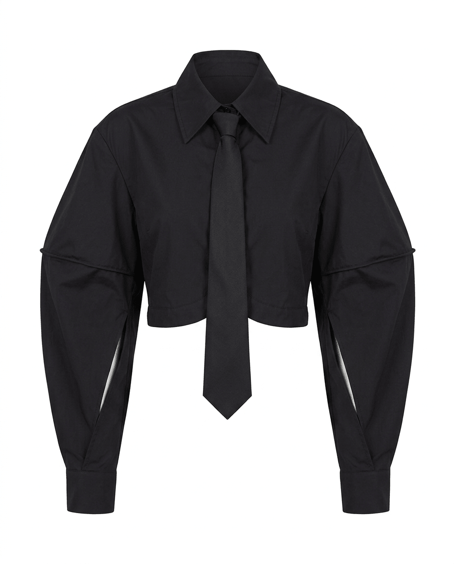 Black Tie Cropped Collared Blouse Top - HOUSE OF SHE
