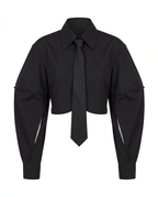 Black Tie Cropped Collared Blouse Top - HOUSE OF SHE