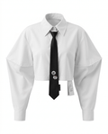 Black Tie Cropped Collared Blouse Top - HOUSE OF SHE