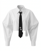 Black Tie Cropped Collared Blouse Top - HOUSE OF SHE