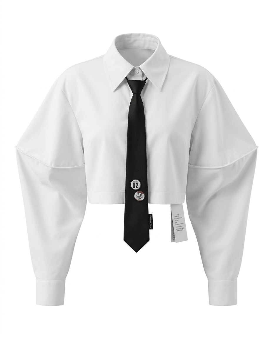 Black Tie Cropped Collared Blouse Top - HOUSE OF SHE