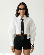 Black Tie Cropped Collared Blouse Top - HOUSE OF SHE